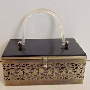Mid Century Madwed Handbag Purse Punched Metal Black Lucite Criket Box